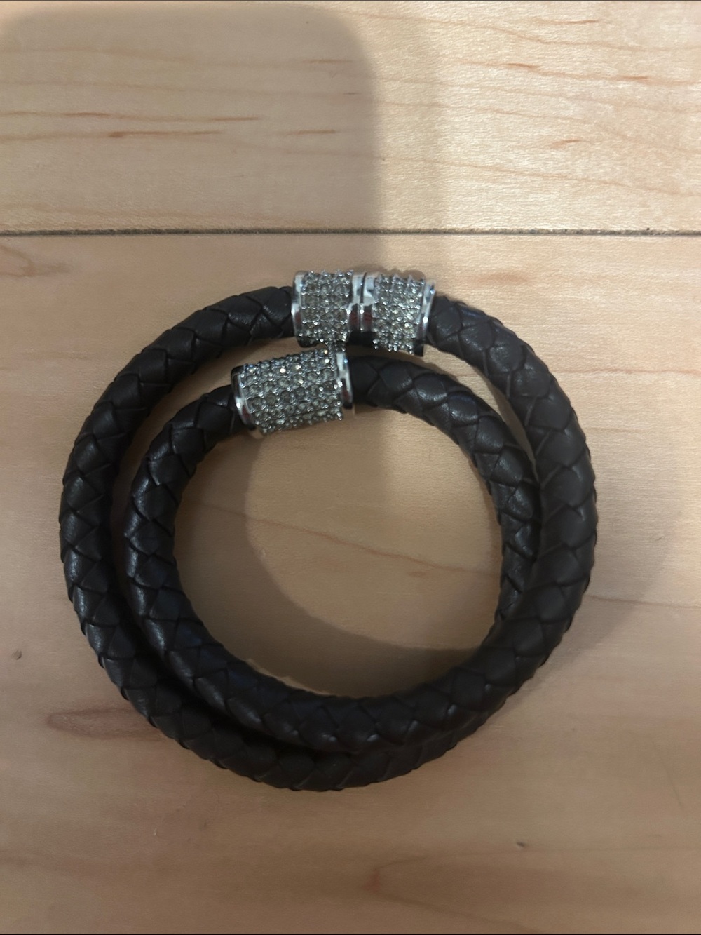 Braided Leather Double-Wrap Bracelet with Rhinestone Magnetic Clasps